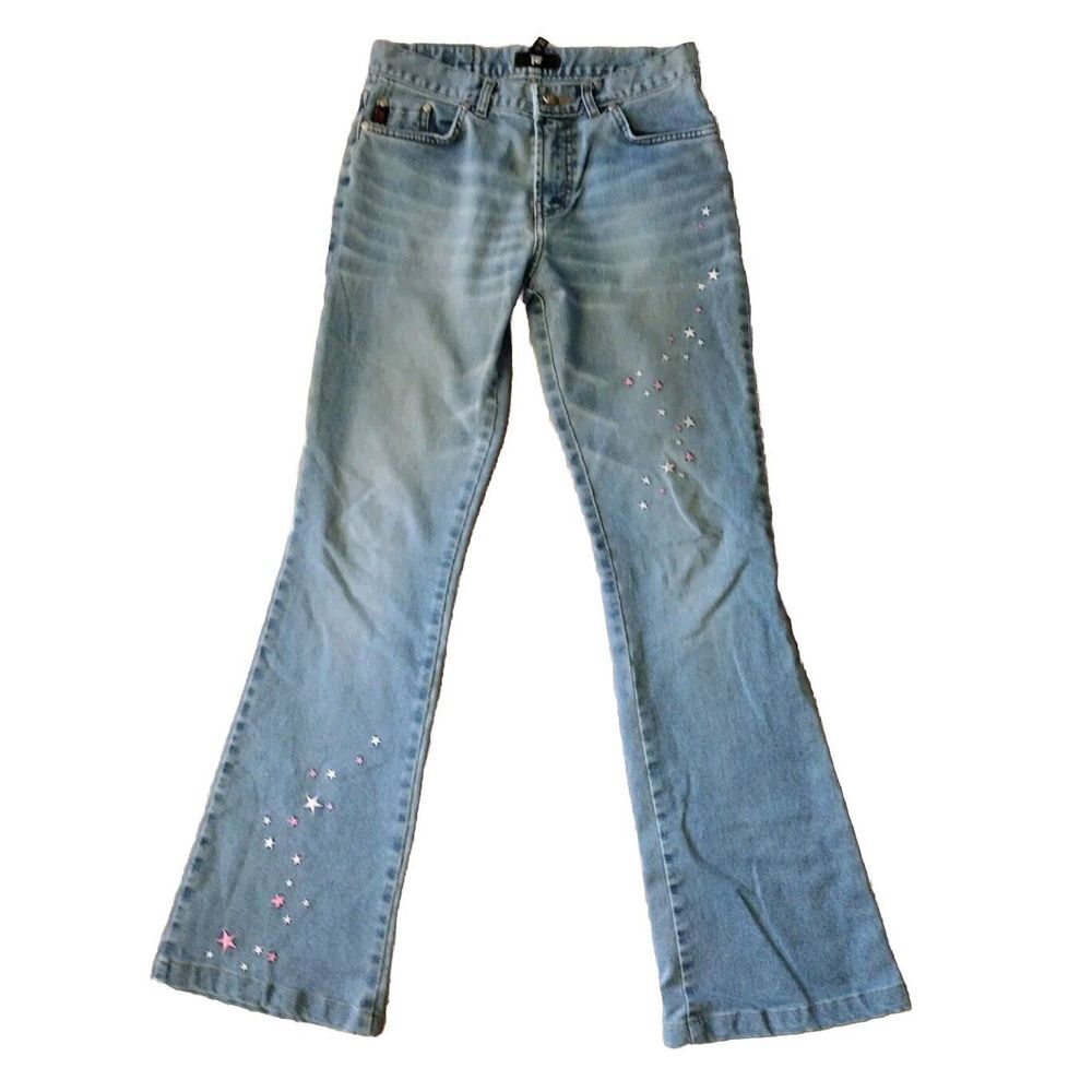 TG Fashion Jeans Women 28‎ Blue Skinny Flare Denim Mid Rise Embroidered Stars